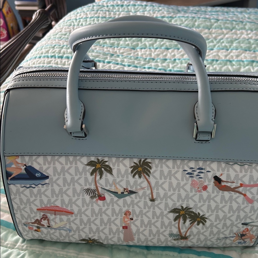 Michael Kors Light Blue MK Signature Beach Print Satchel EUC - Picture 3 of 5